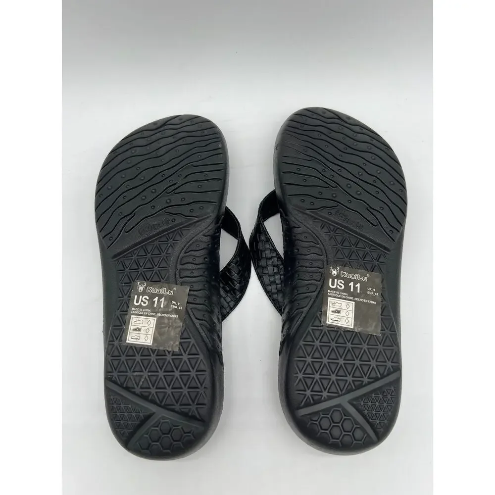KuaiLu Flip Flops Sandals Mens 11 Black Leather Sport Orthotic Thong Support